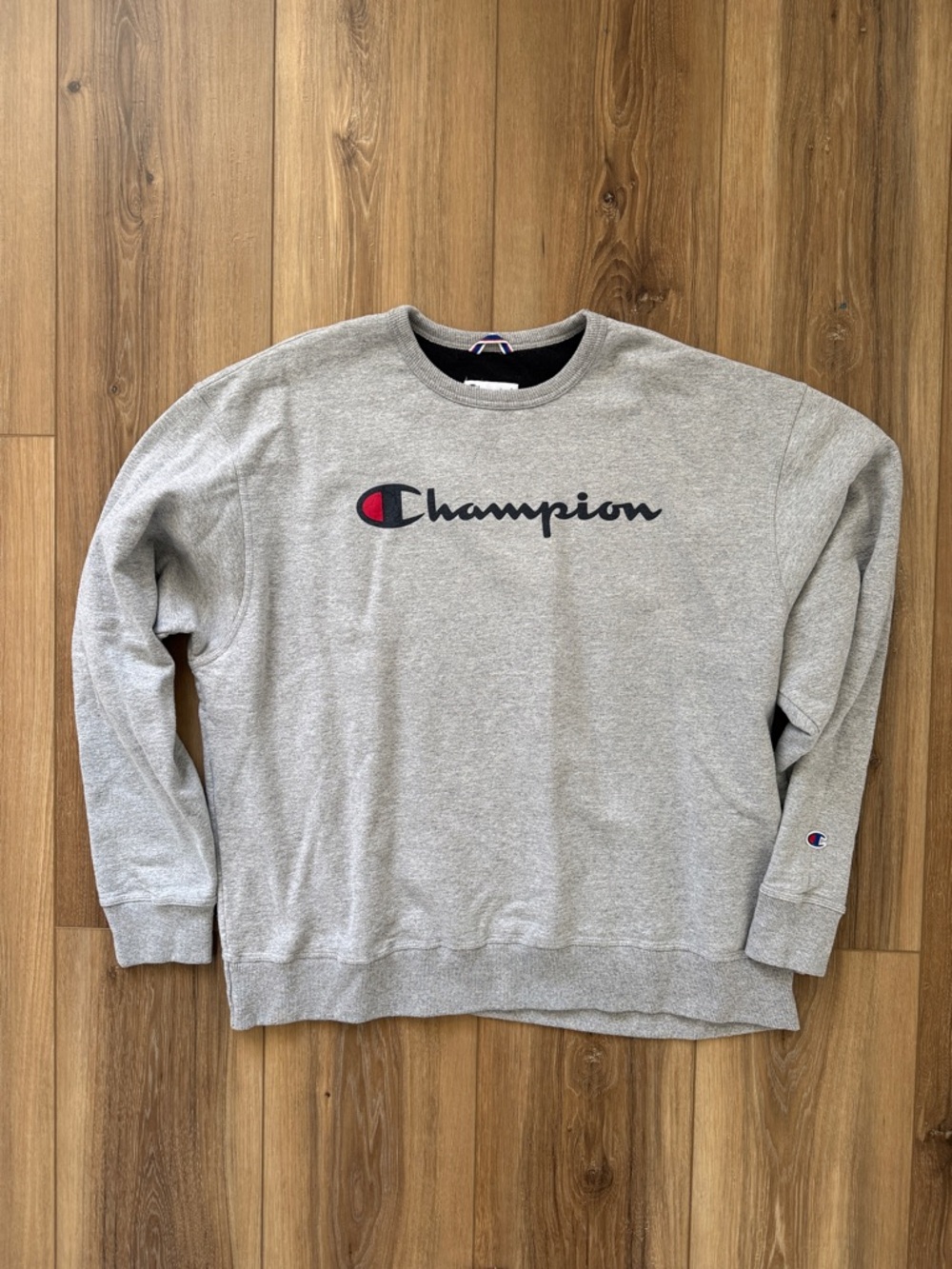 Champion Gray Crewneck Sweatshirt with Red & Navy Logo